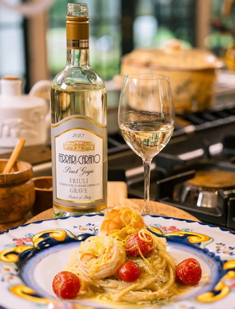 the pasta queens cream of shrimp lemon pasta with ferrari caranos pinot grigio italy